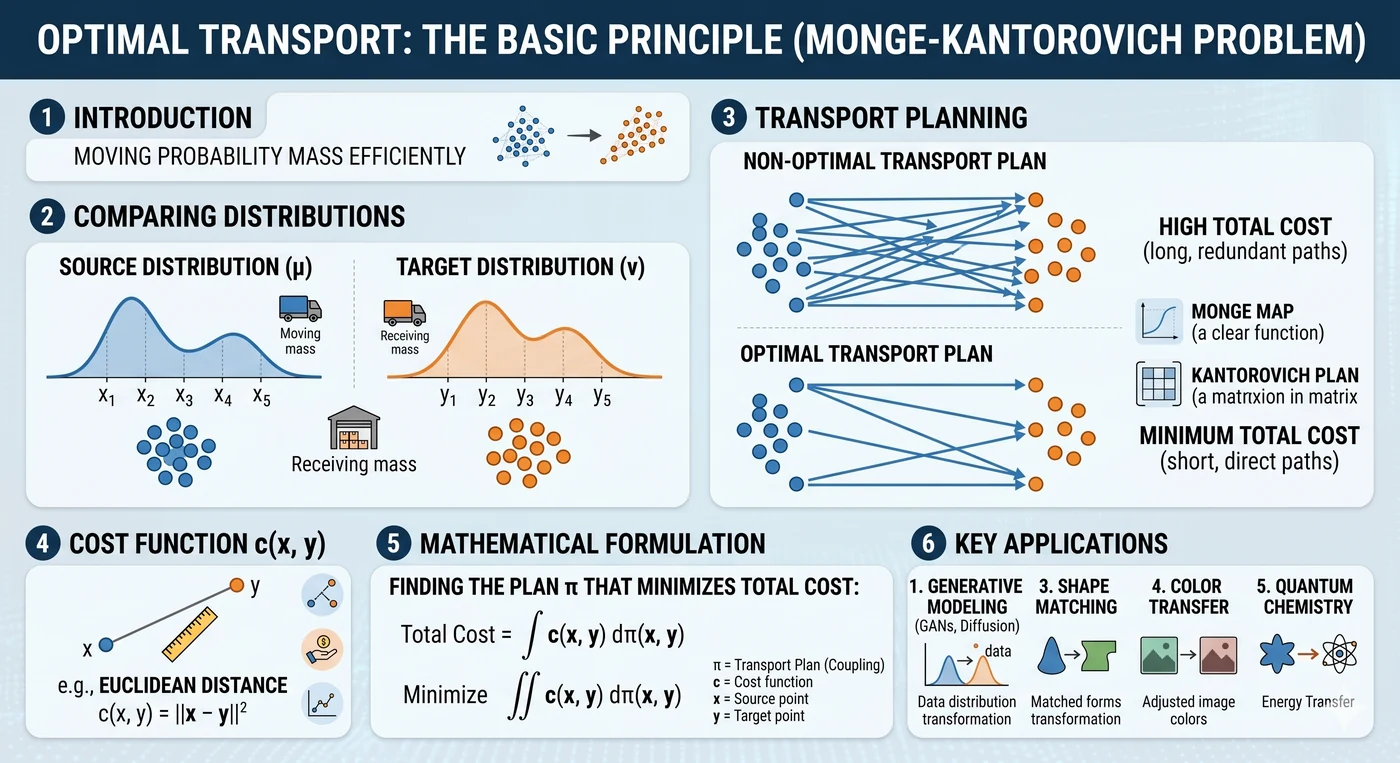 Optimal Transport — source distribution μ (blue cluster) and target distribution ν (red cluster) connected by transport plan γ showing pair-wise sample matchings