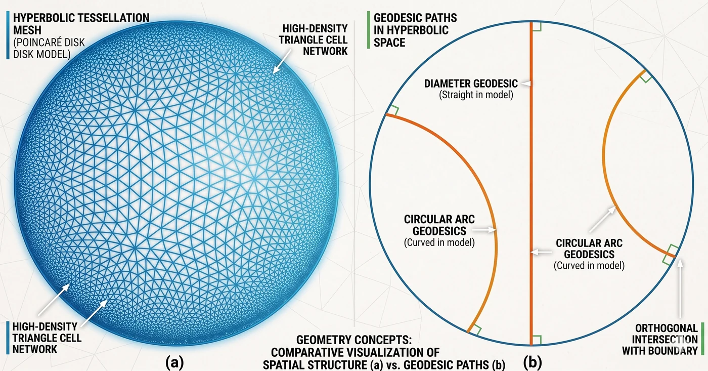Poincaré disk model — (a) high-density triangle cell tessellation mesh, (b) geodesic paths: diameter geodesic (straight) and circular arc geodesics (curved, meeting boundary orthogonally)